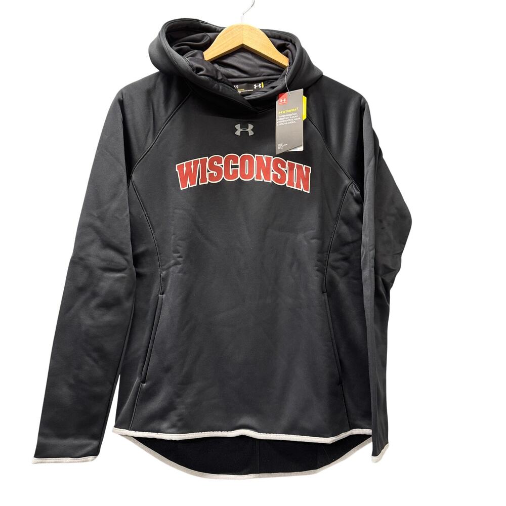 Wisconsin Badgers Hoodie Womens Small Black Pullover UA Storm Under armour NEW